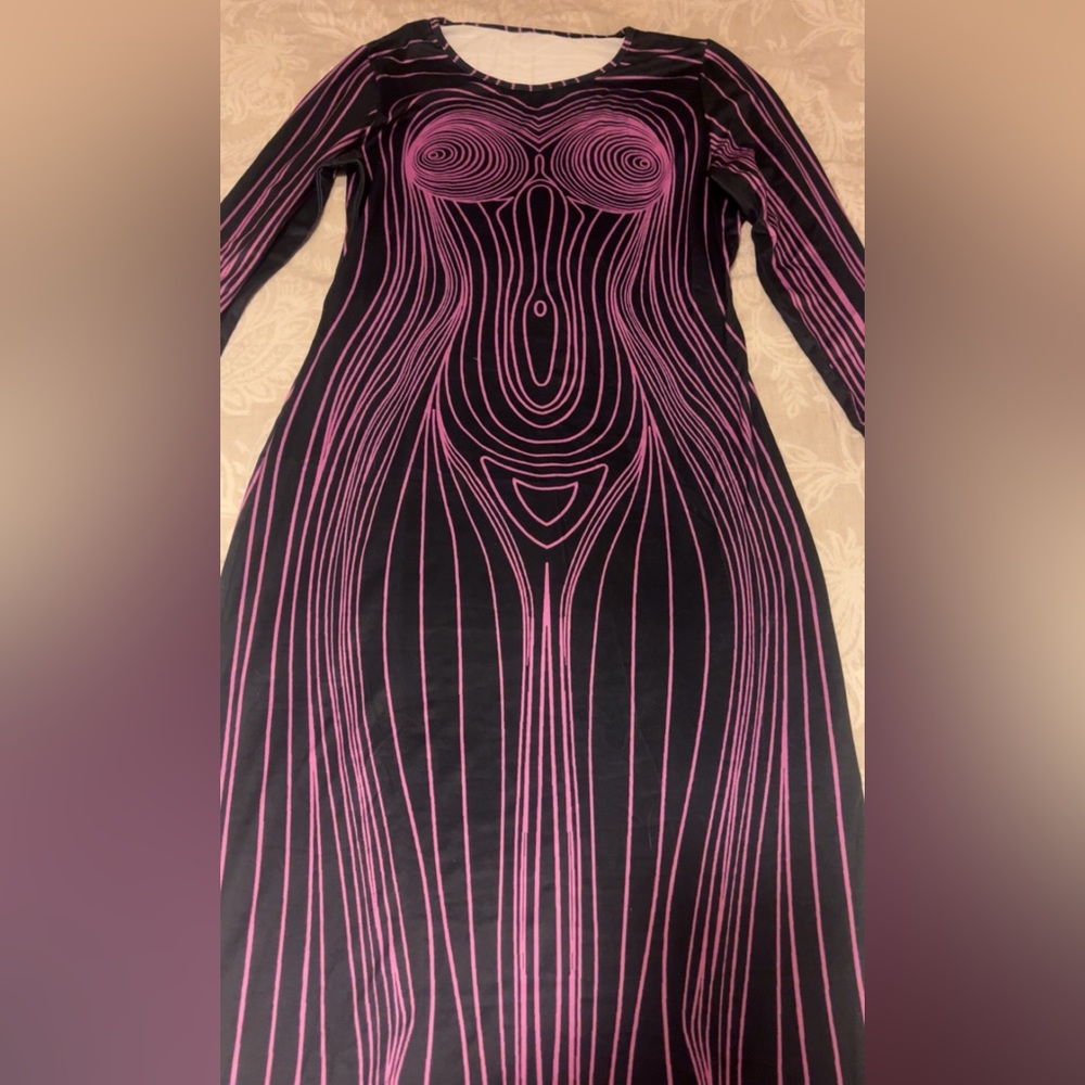Purple & black body con maxi dress, floor length with body design front and back
